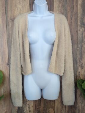 She + Sky Beige Fuzzy Open-Front Women's Cardigan Sweater Jacket M  NWT  F279